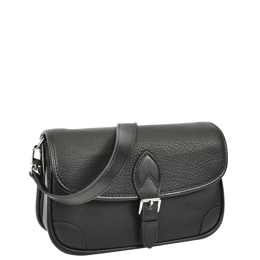 Women's Leather Classic Shoulder Bag Casual Style with Multiple Straps Capri Black