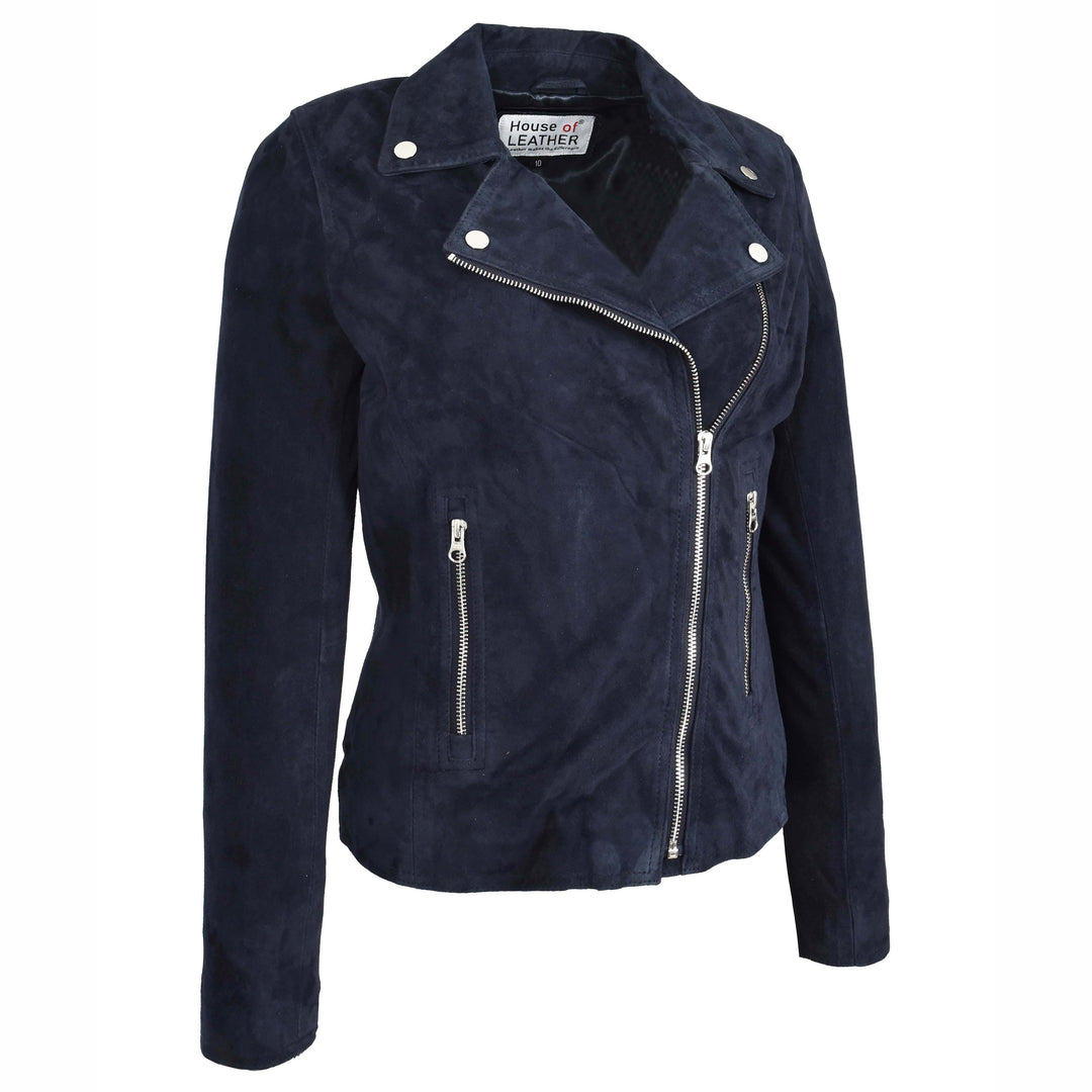 Women's Genuine Goat Suede Biker Jacket Lola Navy Blue 5