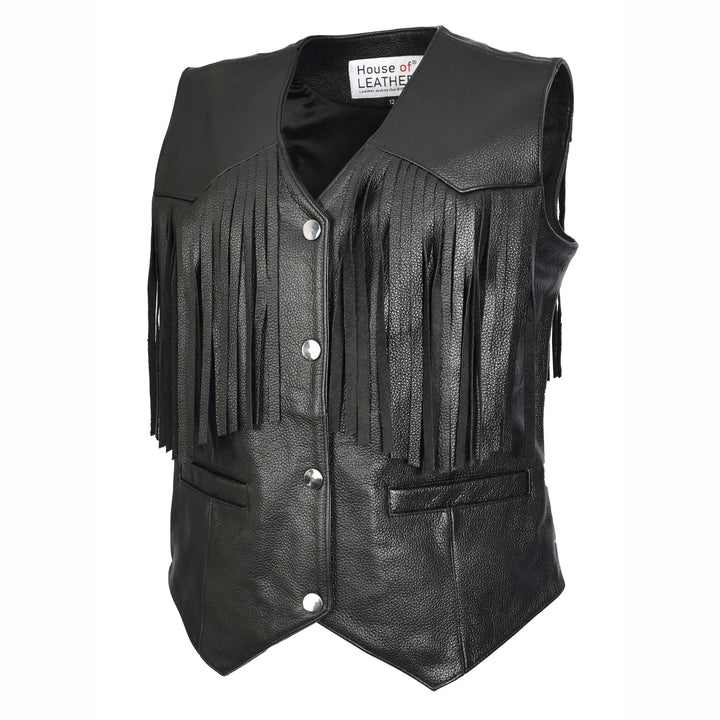 Women's Black Cowhide Leather Waistcoat Rider Biker Style with Fringe Details, Raven