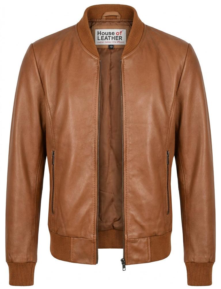 Womens Real Leather Varsity Bomber Jacket Faye Tan