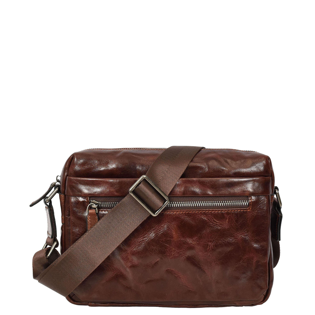 Mens Genuine Distressed Leather Crossbody Flight Bag Multiple Pockets Axel Brown