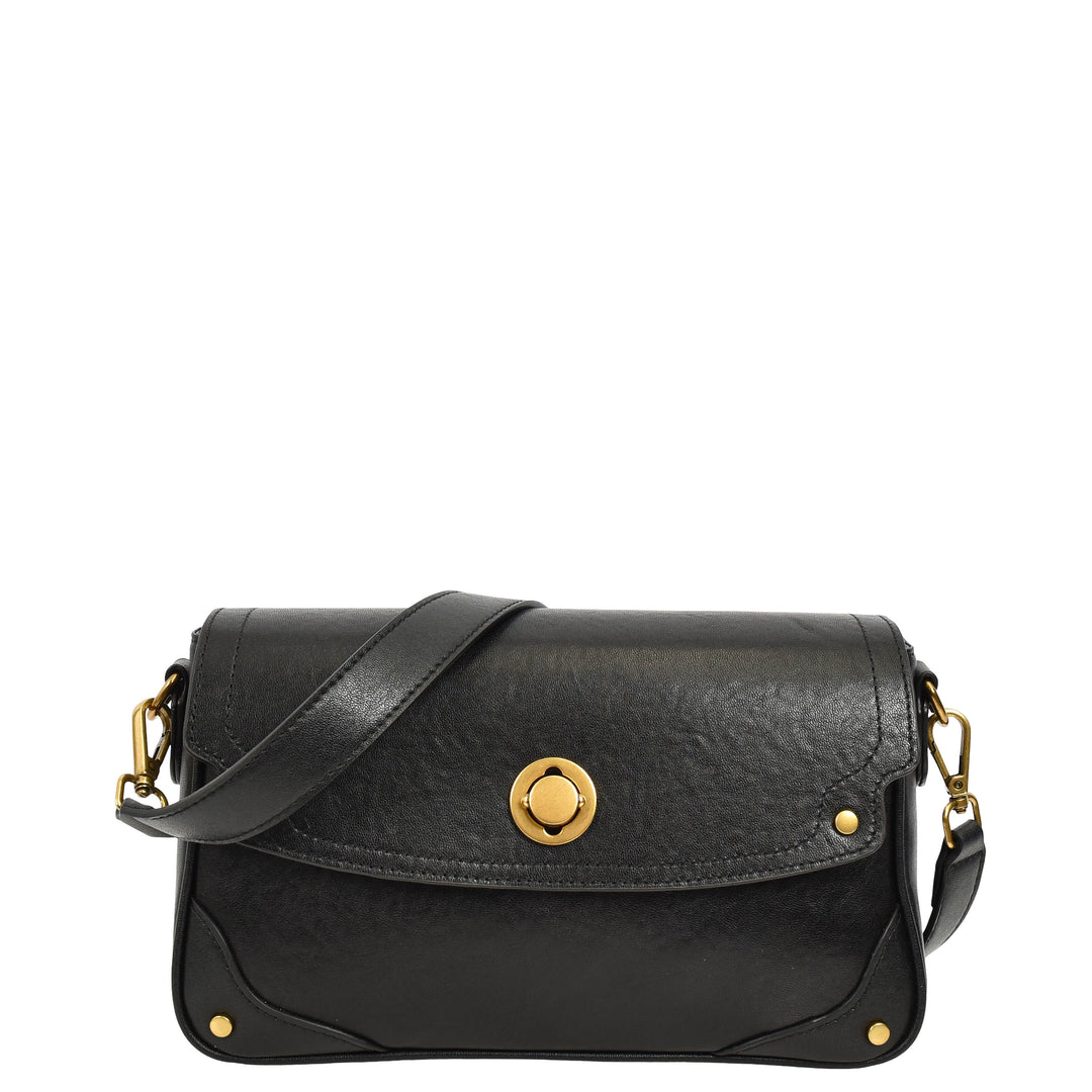 Women's Leather Crossbody Handbag Flap over Turn Lock Bag Beverly Black  9