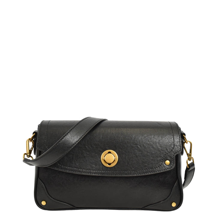 Women's Leather Crossbody Handbag Flap over Turn Lock Bag Beverly Black  9