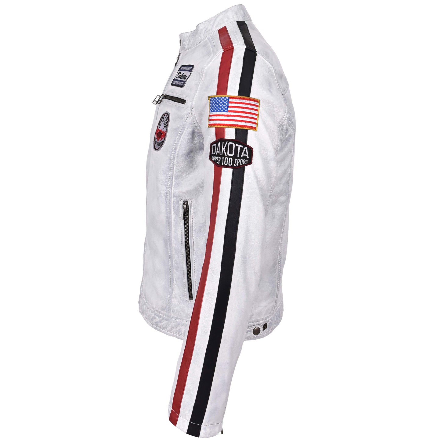 Mens Leather Biker Jacket Motorsport Logos Bobby Vintage White 5