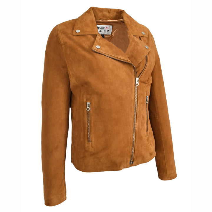 Women's Genuine Goat Suede Biker Jacket Lola Cognac 5