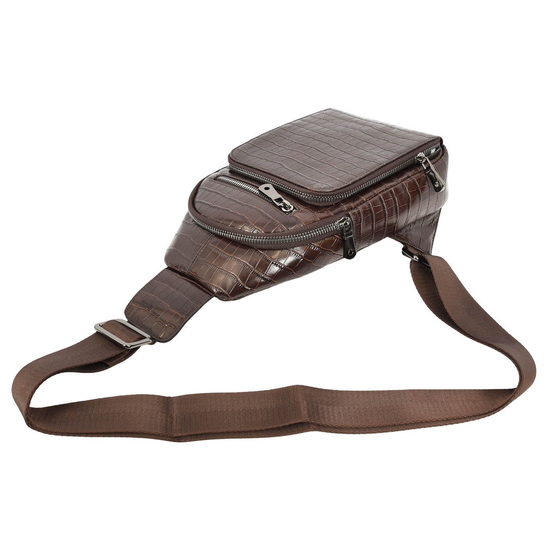 Men's Leather Sling Bag Crossbody Chest Pack Croc-Embossed Alden Brown 5