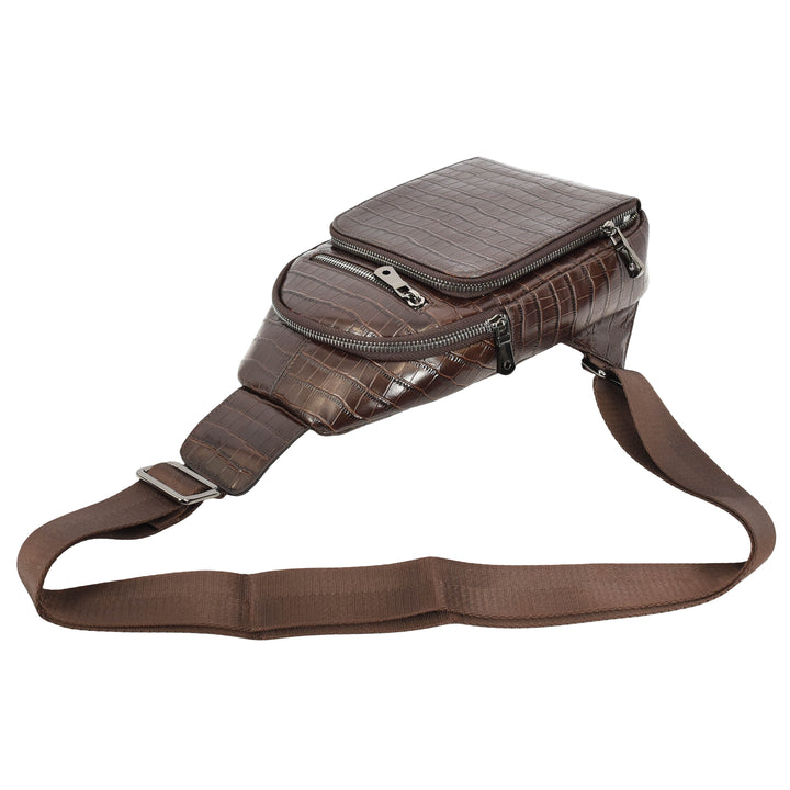 Men's Leather Sling Bag Crossbody Chest Pack Croc-Embossed Alden Brown 5