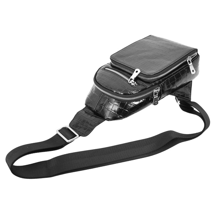 Men's Leather Sling Bag Crossbody Chest Pack Croc-Embossed Alden Black 5