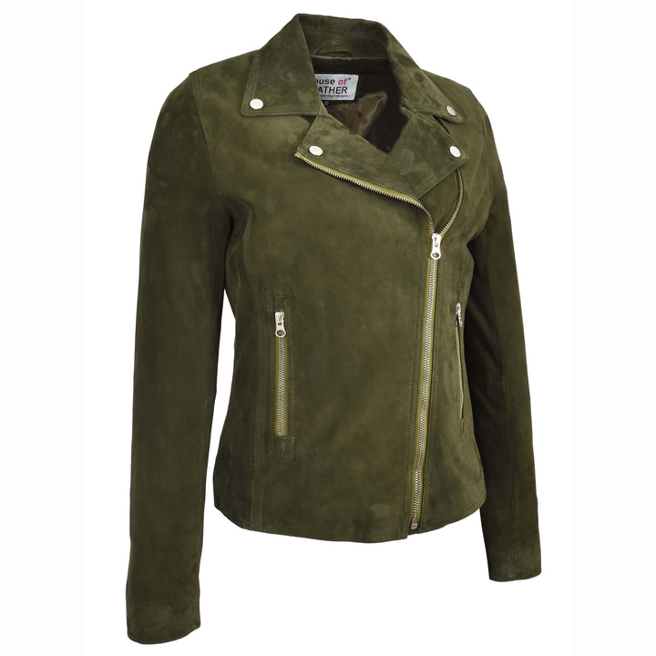 Women's Genuine Goat Suede Biker Jacket Lola Olive Green 5