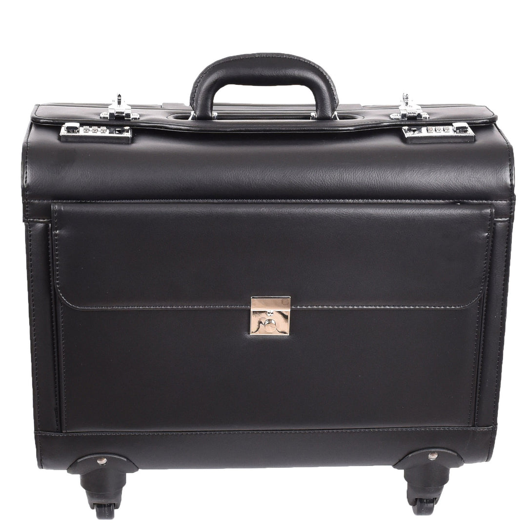 4 Wheel Spinner Leather Pilot Case Flight Carry on Cabin Bag HOL966 Black 4