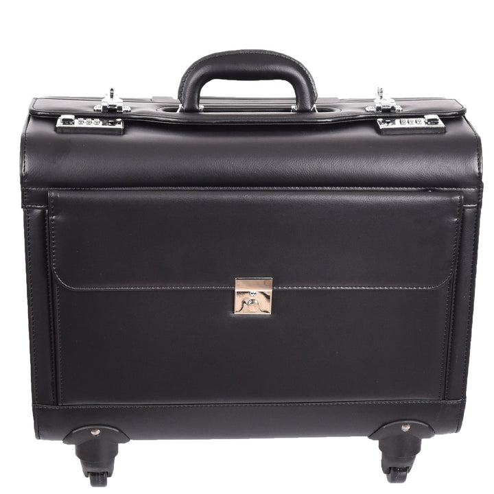 4 Wheel Spinner Leather Pilot Case Flight Carry on Cabin Bag HOL966 Black 4