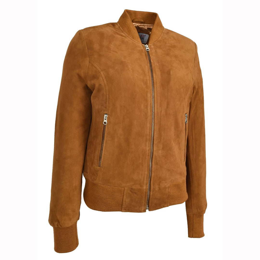 Womens Real Goat Suede Bomber MA-1 Jacket Faye Cognac 5