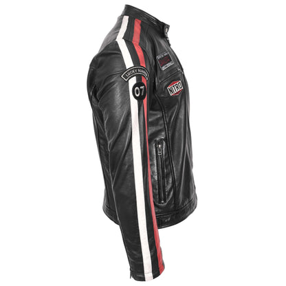 Mens Leather Biker Jacket Motorsport Logos Bobby Black 6