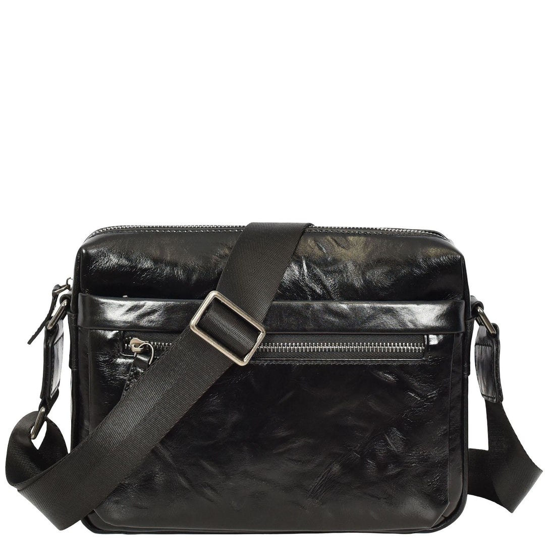 Mens Genuine Distressed Leather Crossbody Flight Bag Multiple Pockets Axel Black