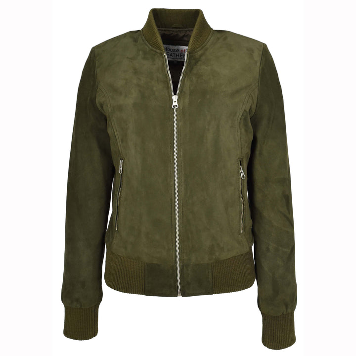 Womens Real Goat Suede Bomber MA-1 Jacket Faye Khaki Green 5
