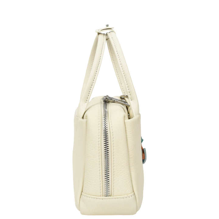 Womens Real Leather Handbag Small Top-Handle Style Beatrice White