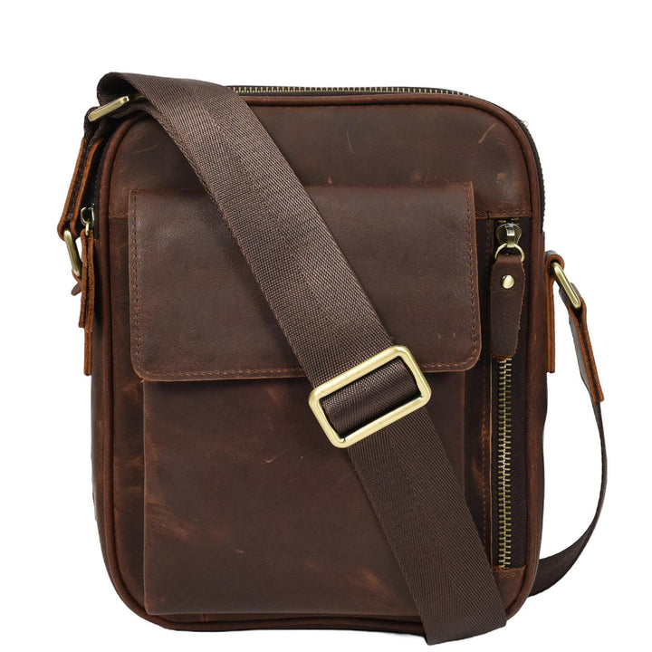 Mens Real Leather Cross Body bag Medium Multi-Pocket Travel Organiser Pouch Rovigo Rust Brown