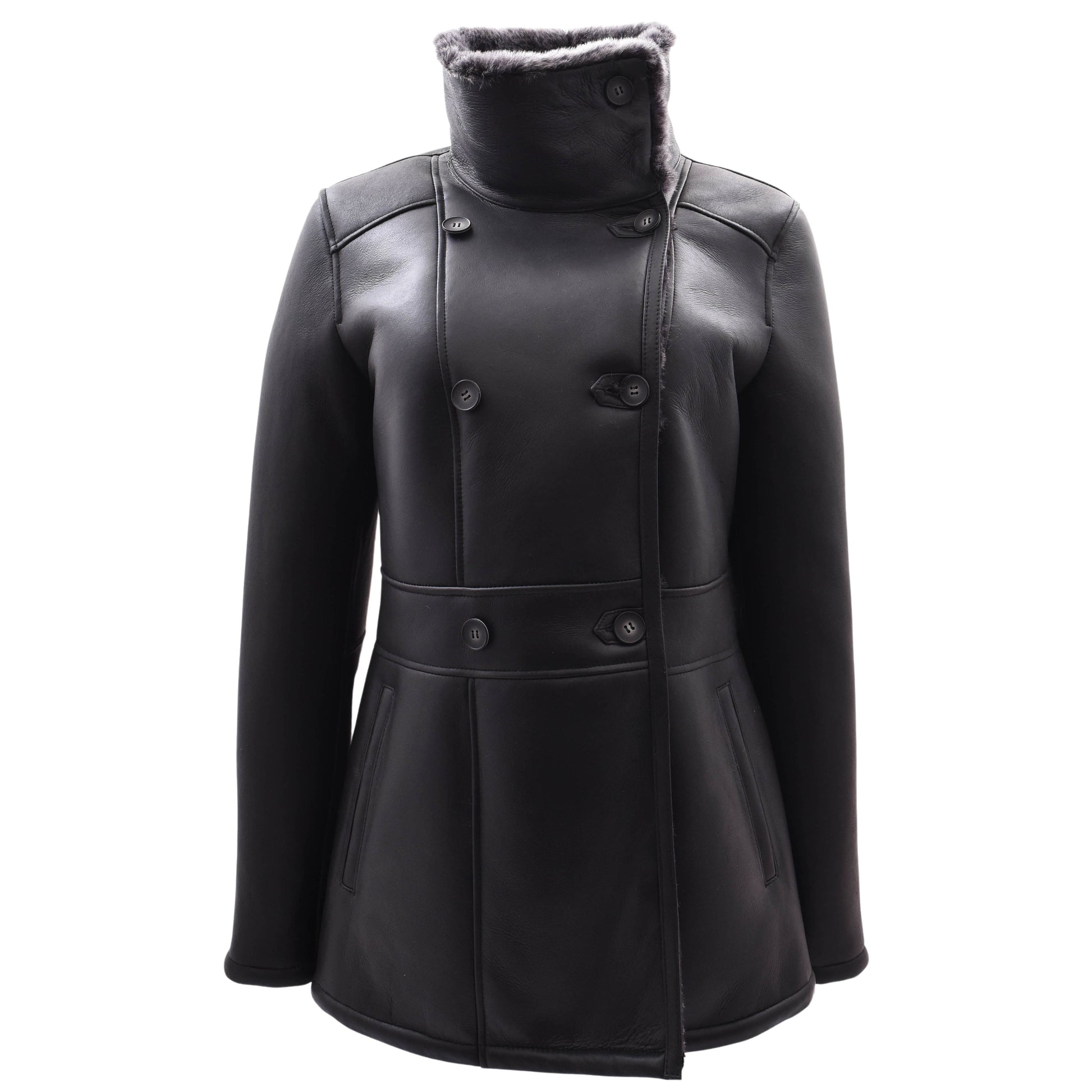 Womens Sheepskin Black Brisa Double Breasted Coat Bonnie 5