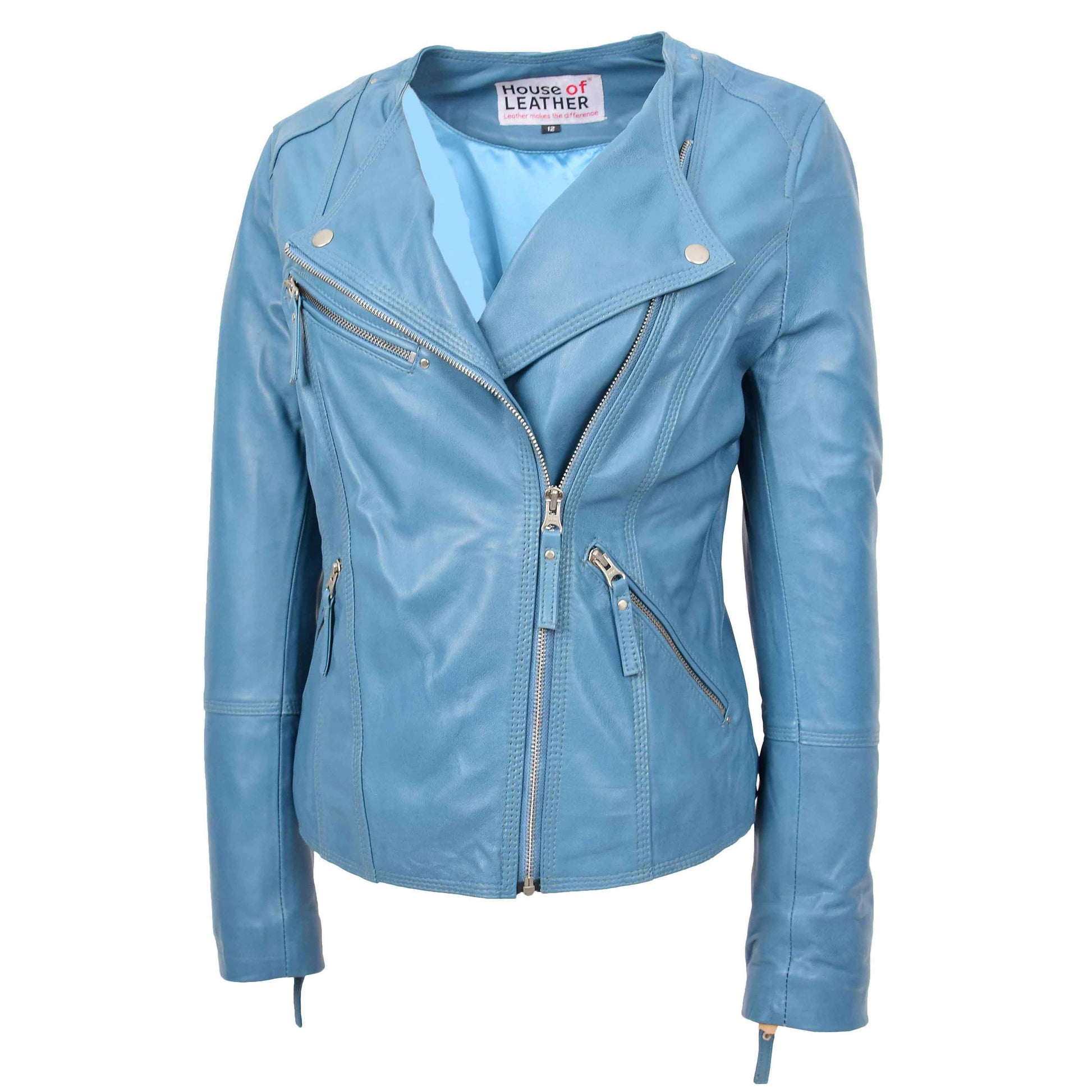 Womens Leather Casual Biker Jacket Cross Zip Shelly Teal 5