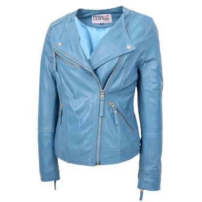 Womens Leather Casual Biker Jacket Cross Zip Shelly Teal 5