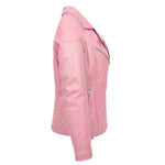 Womens Real Leather Biker Jacket Cross Zip Pockets Cherry Pink 5