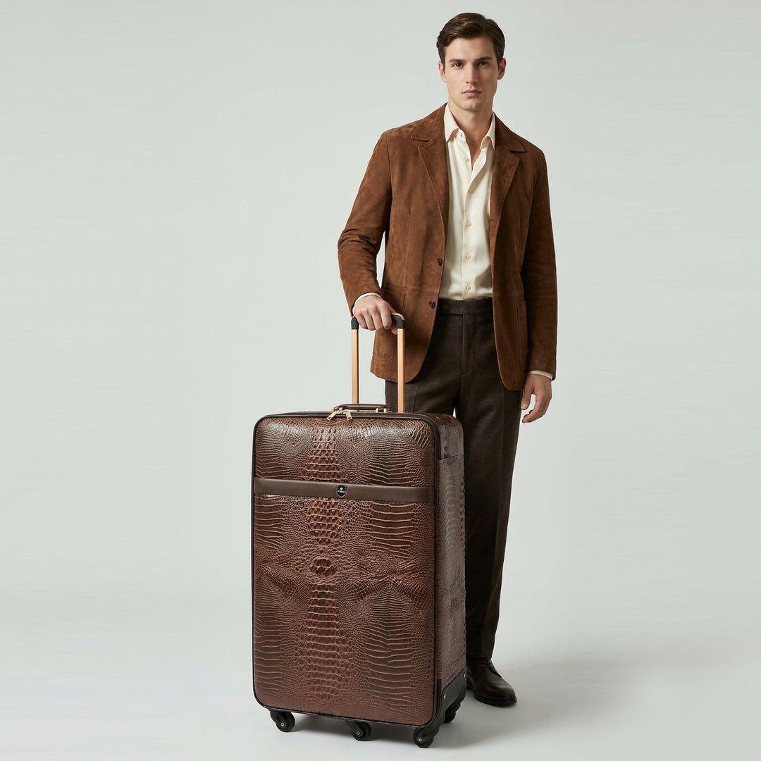 Luxury Four Wheeled Faux Leather Suitcase Elite Brown 15