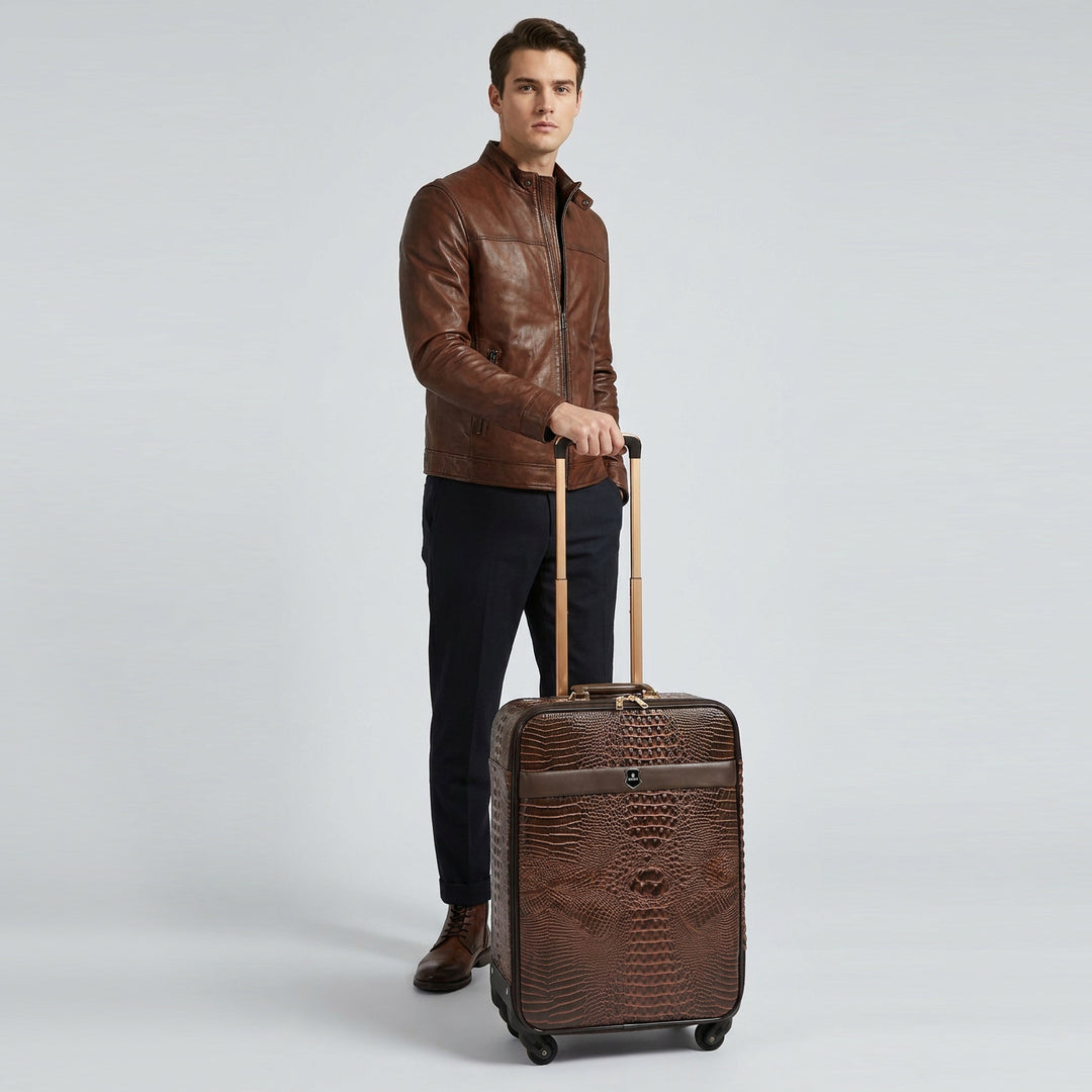 Luxury Four Wheeled Faux Leather Suitcase Elite Brown 17