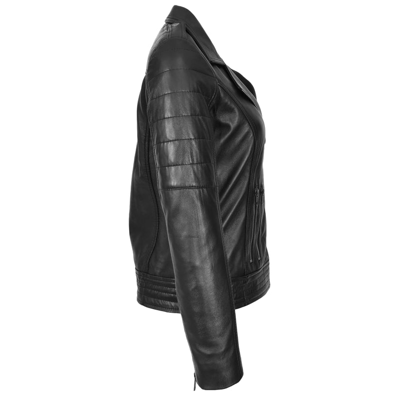 Womens Real Leather Biker Jacket Cross Zip Style Pam Black-6