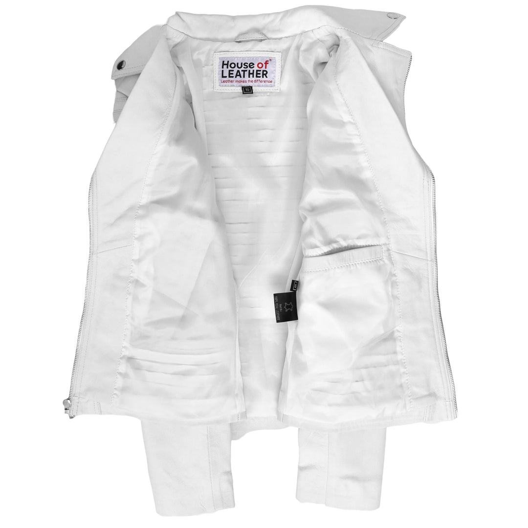 Womens Real Leather Biker Jacket Trendy Fitted Casual Style Emily White-6
