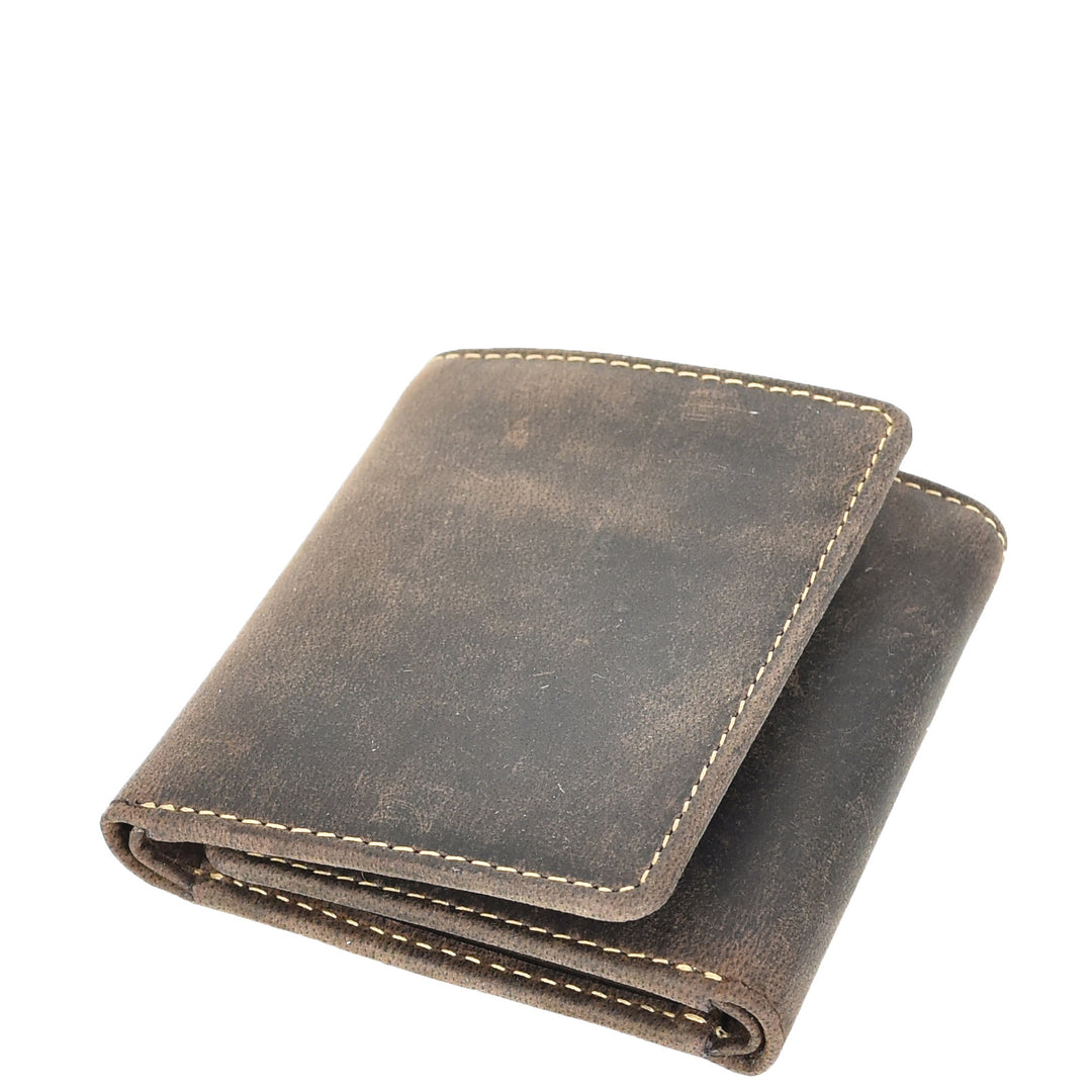 Mens Real Leather Tri-fold Wallet Credit Cards Banknotes ID Card RFID Blocking HOL700 Oil Brown