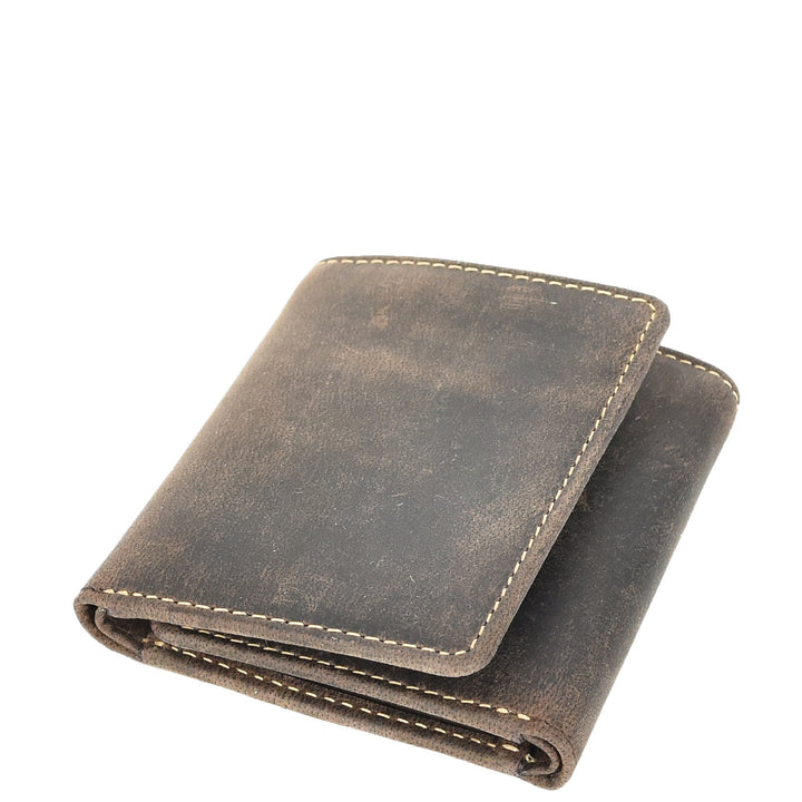 Mens Real Leather Tri-fold Wallet Credit Cards Banknotes ID Card RFID Blocking HOL700 Oil Brown