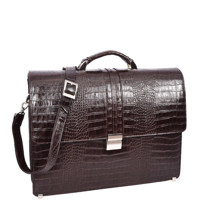 Mens Real Leather Croc-Print Briefcase Classic Bag Organiser Messenger Carter Brown-1