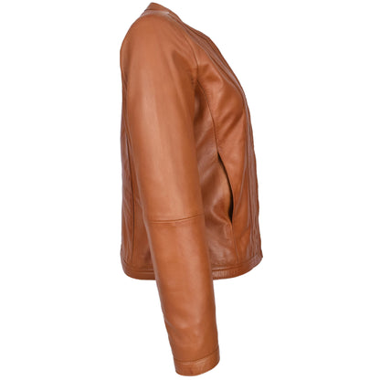 Womens Real Leather Collarless Fashion Jacket Slim Fit Style Clara Tan-3