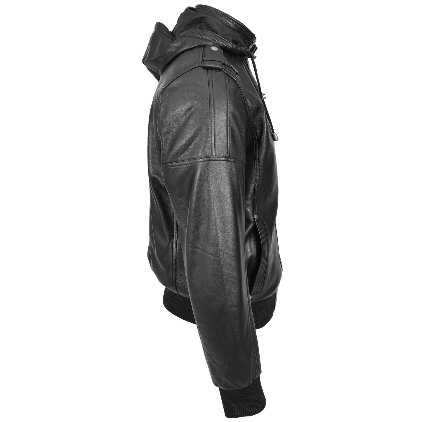 Mens Real Leather Bomber Jacket Trendy Removable Hood Style Reggie Black-3