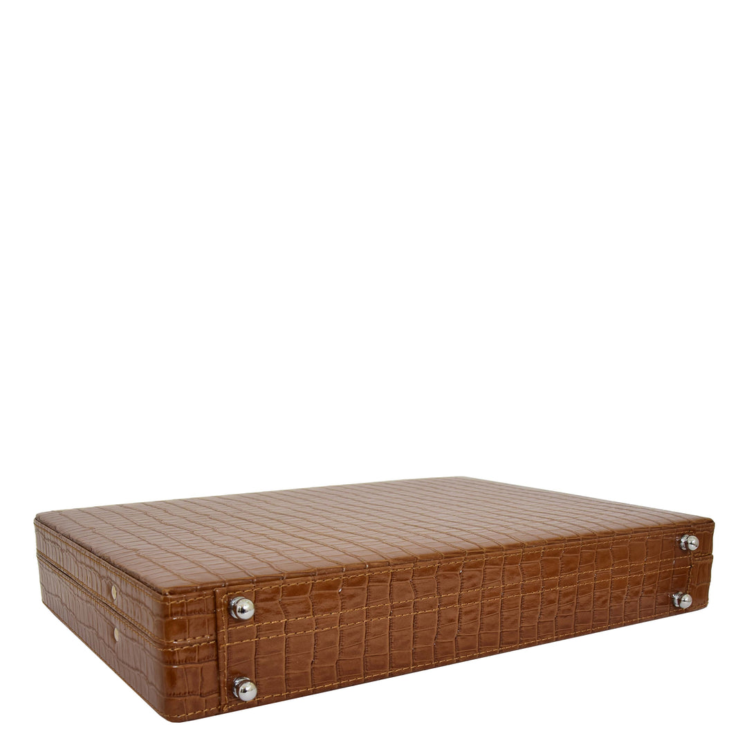 Croc-Print Brown Leather Classic Attaché Briefcase Bag Slim Line Dual Lock HOL87