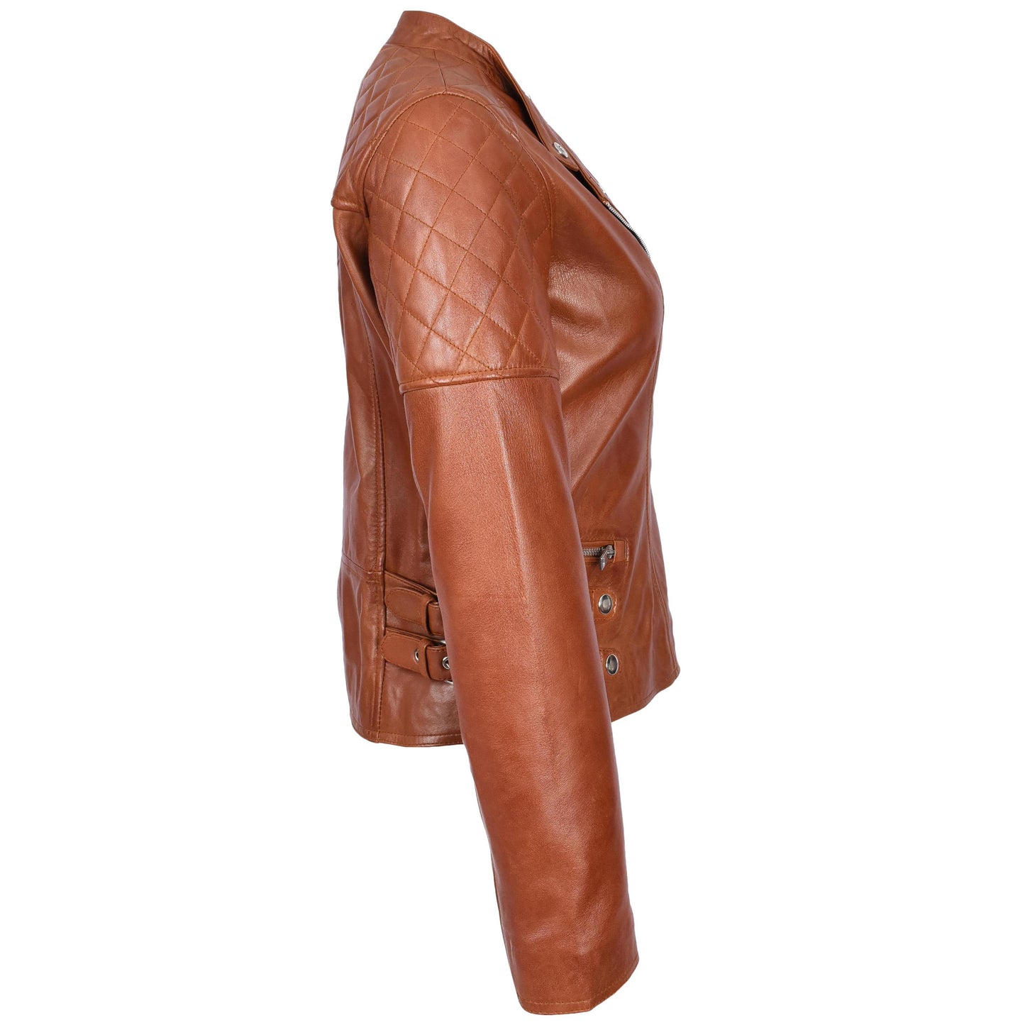 Womens Real Leather Biker Jacket Classic Cross Zip Style Molly Chestnut Tan-6