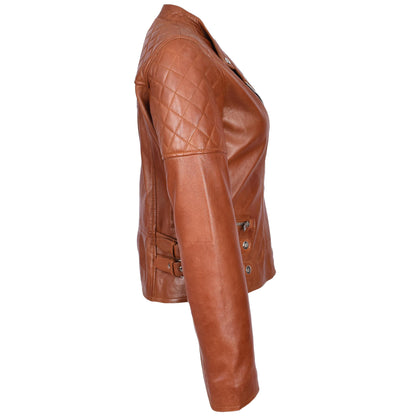 Womens Real Leather Biker Jacket Classic Cross Zip Style Molly Chestnut Tan-6