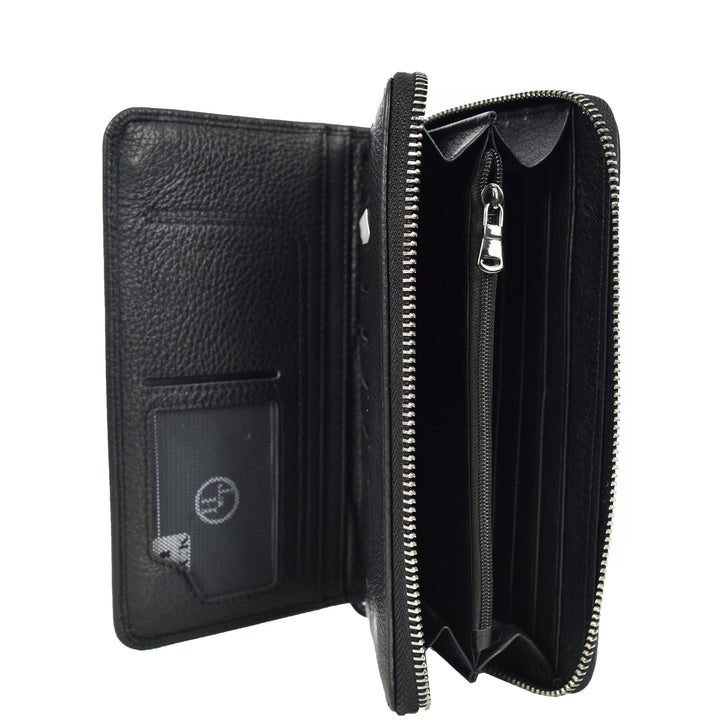 Genuine Leather Large Size Clutch Purse Coins Card Cash Travel Wallet Lorca Black