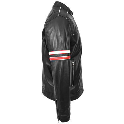 Mens Real Leather Biker Style Jacket Cafe Racer Multi Stripes Boxer Black-3