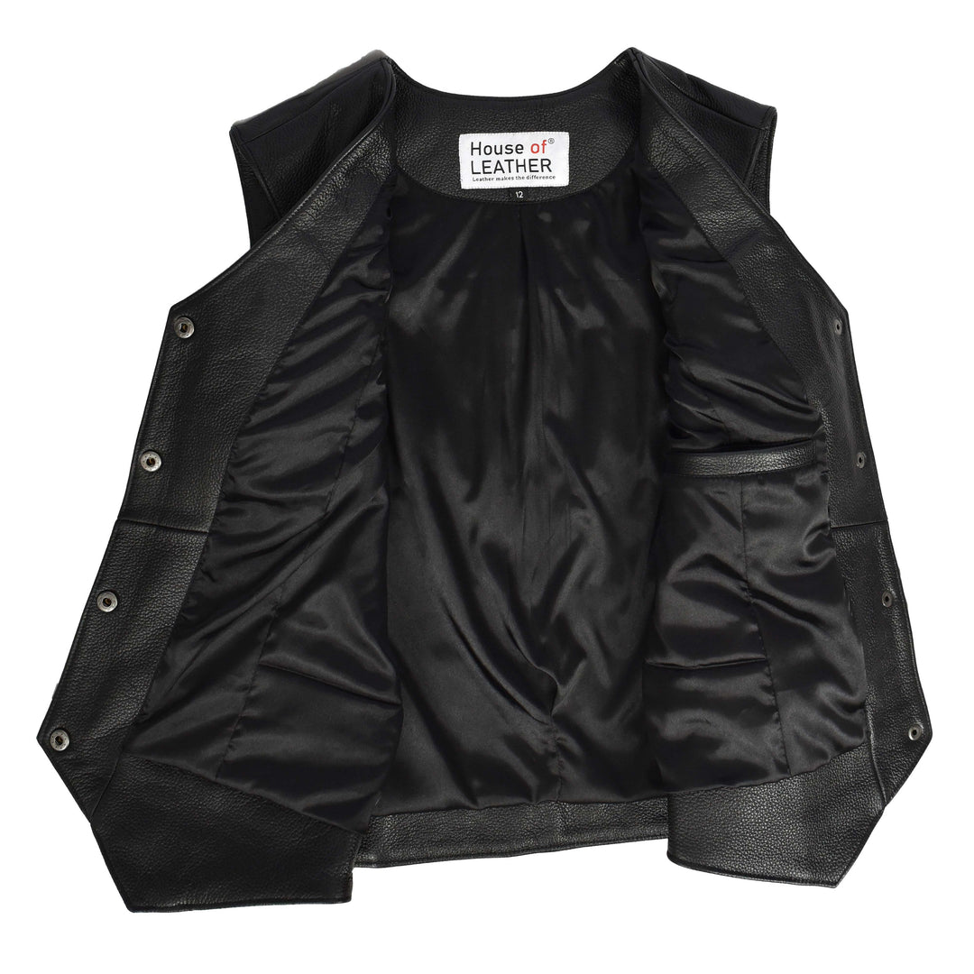 Women's Black Cowhide Leather Waistcoat Rider Biker Style with Fringe Details, Raven