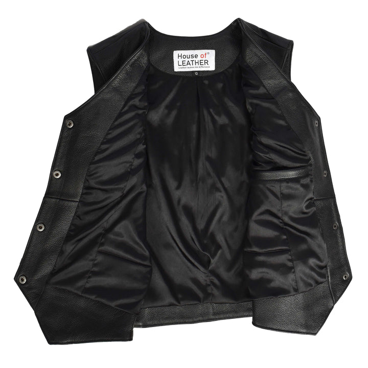 Women's Black Cowhide Leather Waistcoat Rider Biker Style with Fringe Details, Raven