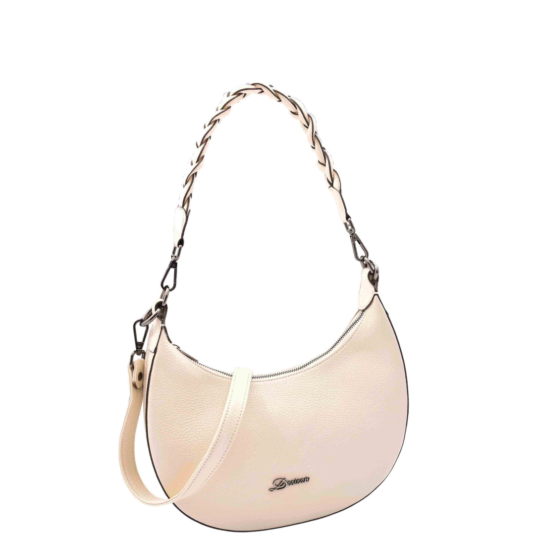 Womens Leather Twist Handle Strap Zip Cross Body Bag SARAH Off White 6