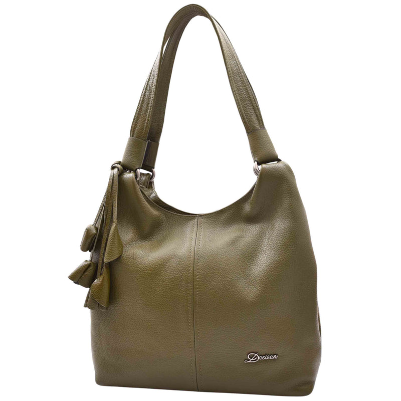 Womens Leather Shoulder Zip Opening Large Hobo Bag Kimberly Olive 6