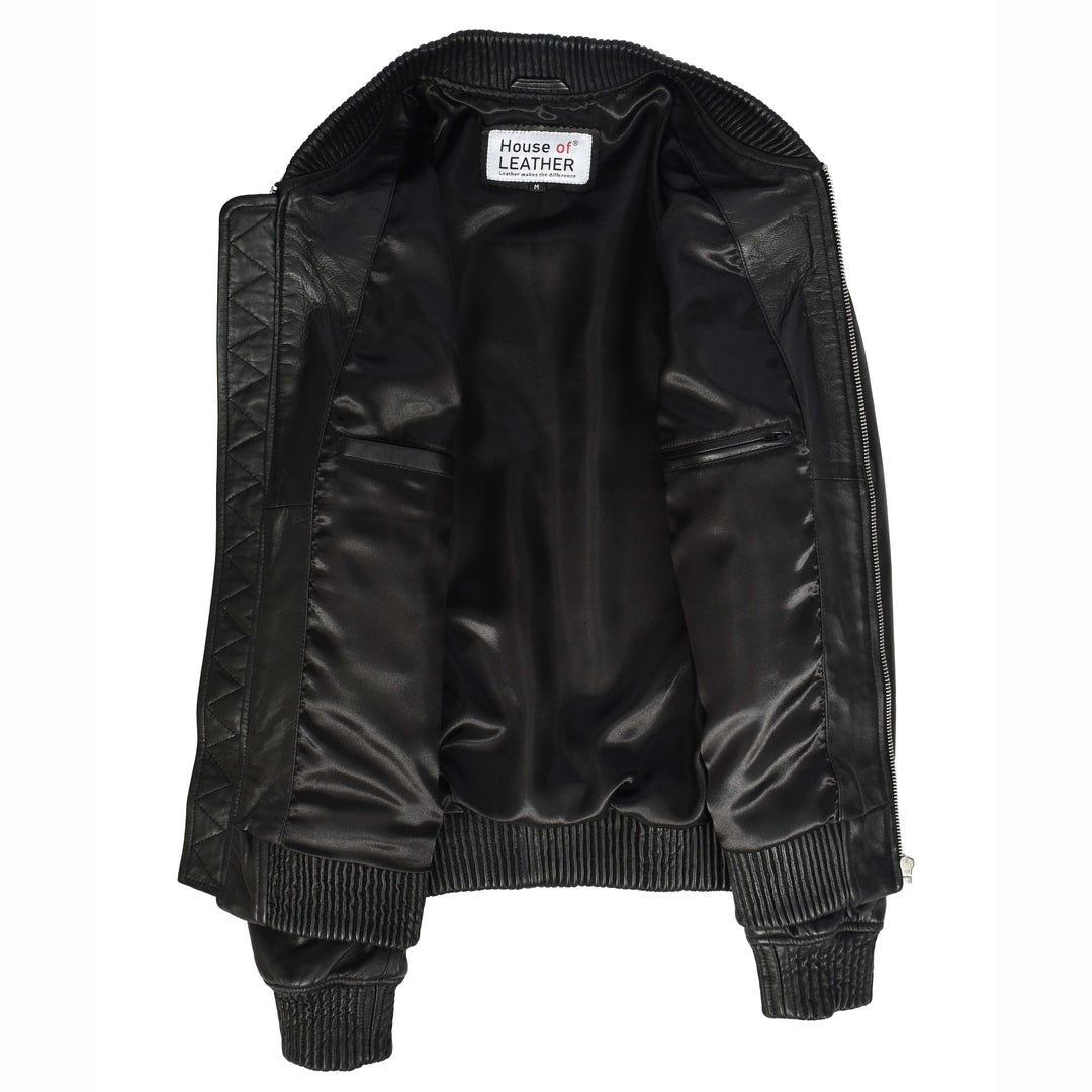 Mens Real Soft Leather Bomber Jacket MA-1 Varsity Style Torque Black 6