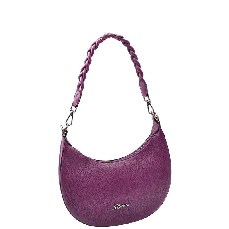 Womens Leather Twist Handle Strap Zip Cross Body Bag SARAH Purple 6