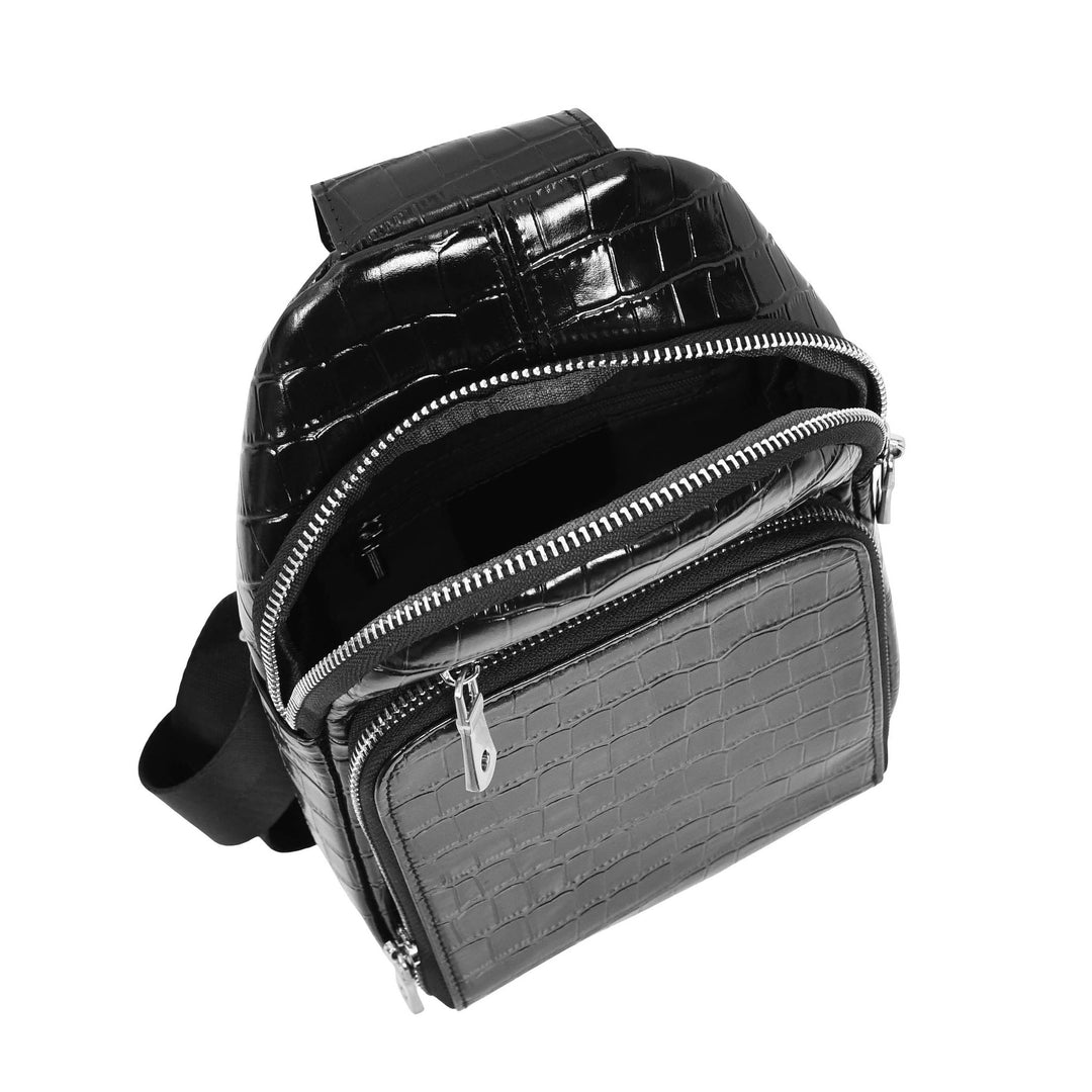 Men's Leather Sling Bag Crossbody Chest Pack Croc-Embossed Alden Black 6