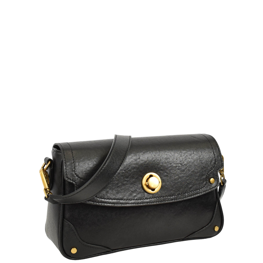 Women's Leather Crossbody Handbag Flap over Turn Lock Bag Beverly Black 8