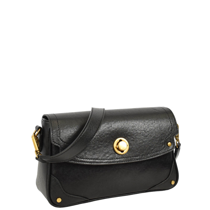 Women's Leather Crossbody Handbag Flap over Turn Lock Bag Beverly Black 8