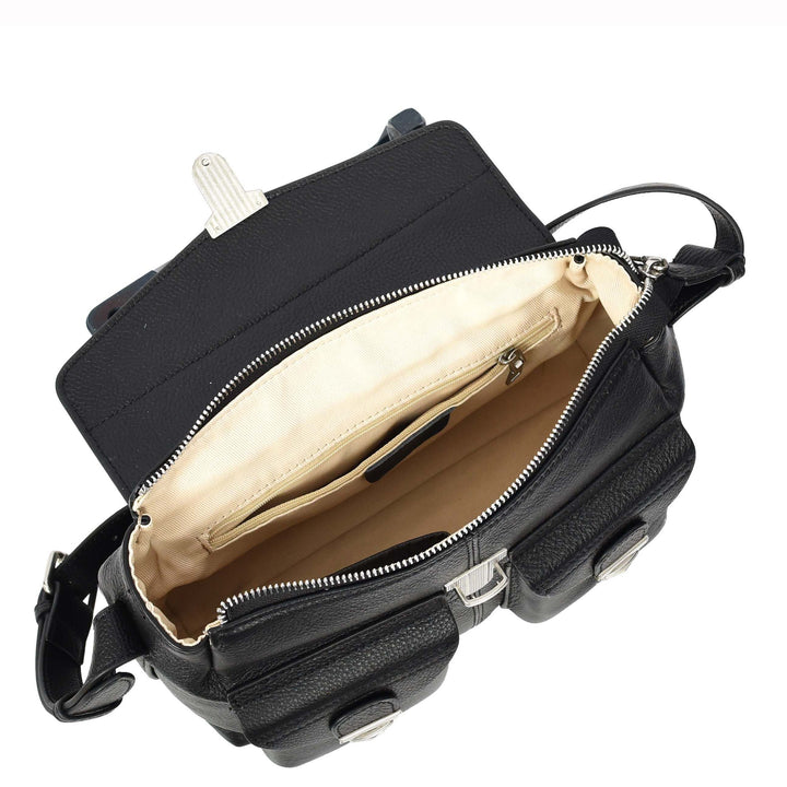 Women's Real Leather Satchel Shoulder Bag Adjustable Strap Renee Black 6