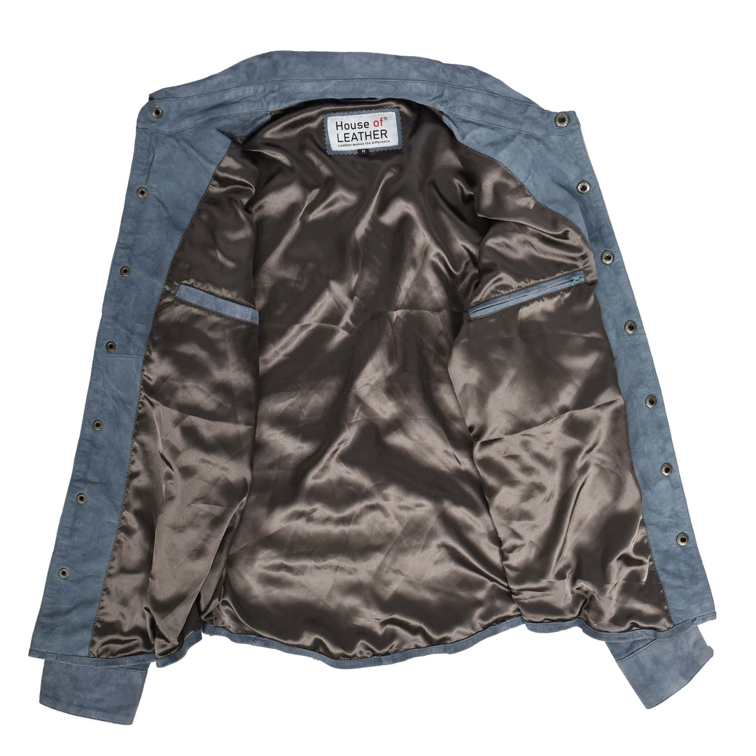 Mens Real Goat Suede Shirt Western Trucker Jacket Oliver Denim Blue 6